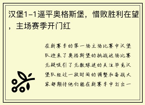 汉堡1-1逼平奥格斯堡，惜败胜利在望，主场赛季开门红